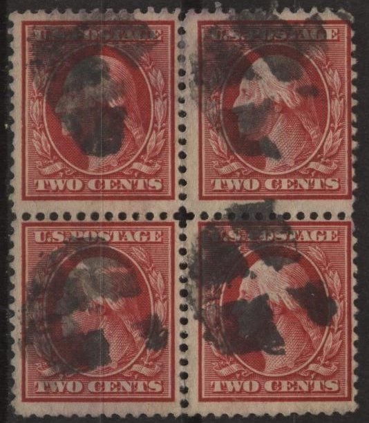 US 375 (used block of 4, partly separated) 2¢ George Washington, car (1910)