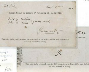 GB Postal History Orders {2} EARL OF YARMOUTH  Autograph & Monogram 1882 GA43