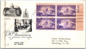 US FIRST DAY COVER 150th ANNIVERSARY OF VERMONT STATEHOOD 903 PLATE (4) 1951