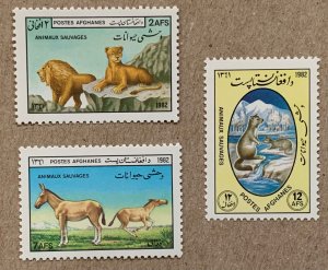 Afghanistan 1982 Lion, Marmots and Donkey, MNH.  Scott 1020-1022, CV $3.75