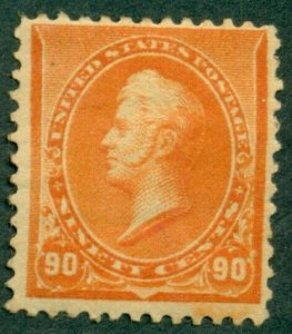 US #229, 90¢ orange, toned gum, hinge rem, F/VF, Scott $450.00