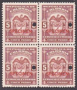 COLOMBIA 1944-56 SERVICIO EXTERIOR 5P block of 4 mint SPECIMEN..............7908