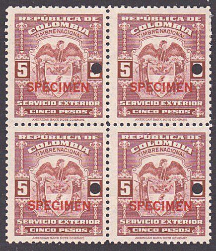 COLOMBIA 1944-56 SERVICIO EXTERIOR 5P block of 4 mint SPECIMEN..............7908