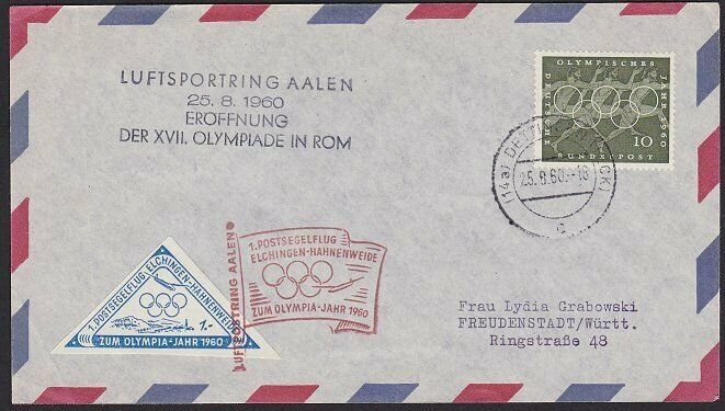 GERMANY 1960 Olympic Games flight cover to Rome - with cinderella...........H311