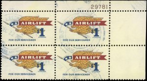 US Scott 1341 VF USED Plate Block - 1968 $1 Airlift - Very Sound, Clean Stamp