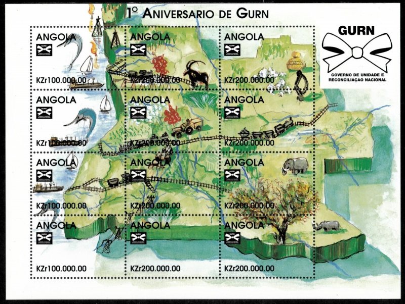 Angola 1998 - Gurn Maps - Sheet of 12 Stamps - Scott #1006 - MNH