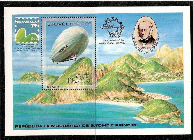 ST. THOMAS & PRINCIPE 1979 ROLAND HILL, ZEPPLIN GRAPH, UPU, MOUNTAIN M/S MNH ...