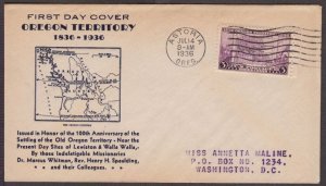 1936 Oregon Territory 100 years Sc 783-11a FDC Kapner cachet Astoria OR