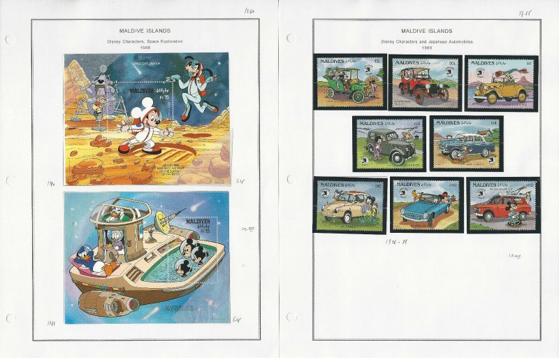 Maldive Stamp Collection on 20 Steiner Pages, 1986-92 Mint Sets Disney, JFZ