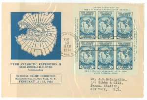 US 735 1934 3c Admiral Byrd Antarctic souvenir sheet of 6 on a cacheted FDC