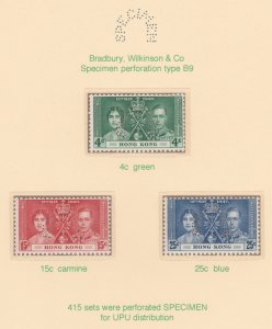 HONG KONG  1937 CORONATION  SPECIMEN   set of 3