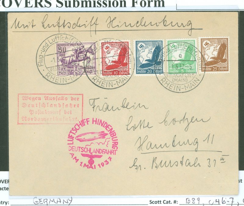 Germany B89/C46-7/C49-50 Cover carried on the May 1, 1937 flight of the Hindenburg air ship LZ129 Bhein main-cologne flight with