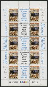 FRENCH POLYNESIA, HERMAN MELVILLE MINISHEET 1992, MNH	