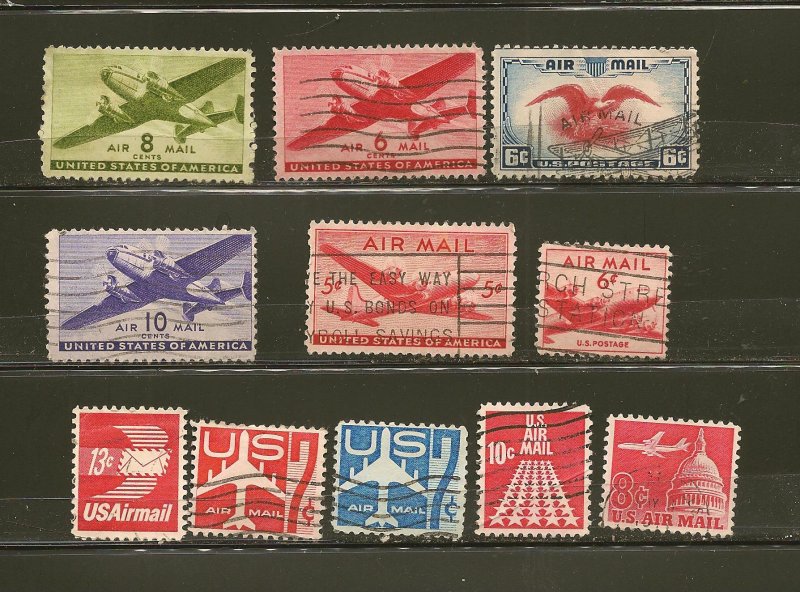 USA Collection of 11 Different 1930's-1960's Used Airmail Stamps