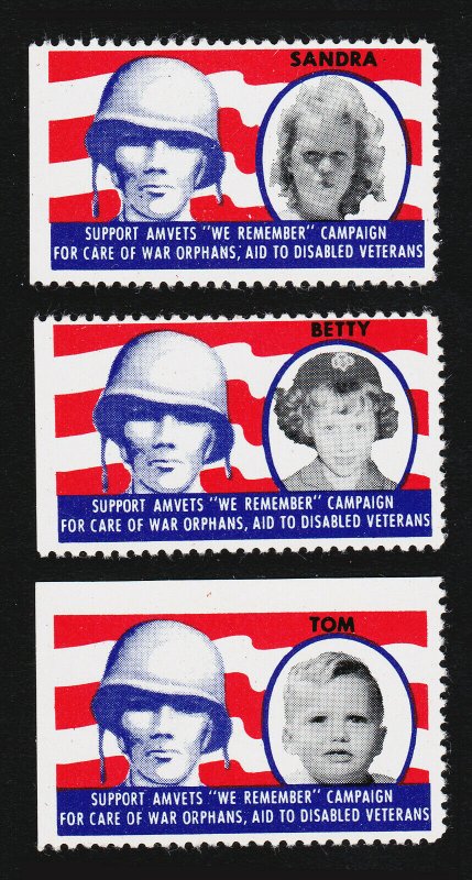 REKLAMEMARKE POSTER STAMPS AMVETS ⭐ WE REMEMBER ⭐ WAR ORPHANS WWII LOT OF 3