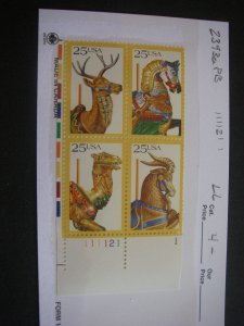 Scott 2390 - 2393 or 2393a, 25c Carousel Animals, PB4 #111121 1 LL, MNH Beauty