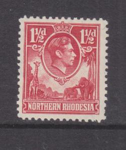 NORTHERN RHODESIA, 1938 KGVI 1 1/2d. Carmine Red, heavy hinged mint.