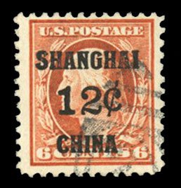 United States, Offices in China #K6 Cat$210, 1919 12c on 6c red orange, used