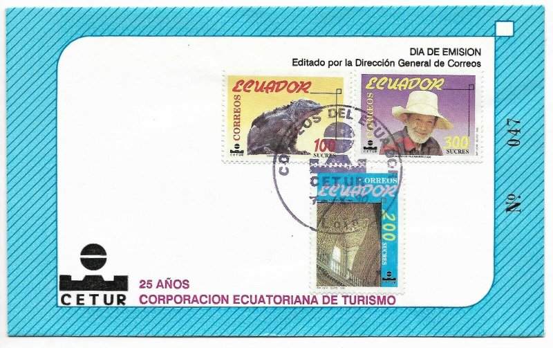 ECUADOR 1990 TOURISM CORPORATION 25 YEARS FAUNA PEOPLE BUILDINGS FDC COVER