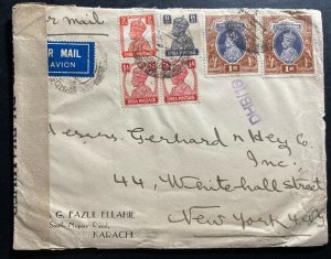 1940s Karachi India Airmail Censored Cover to New York USA SG#259