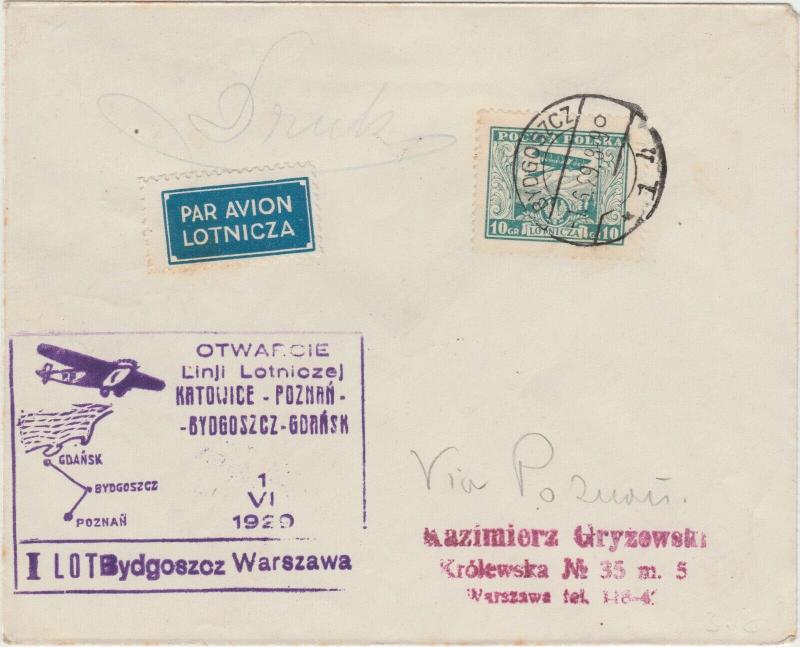 POLOGNE / POLAND 1929 (June 1) SCARCE 1st Air Mail Flight Cover BYDGOSZCZ-WARSAW
