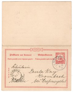 German Marshall Island 10pf double reply card stationery used from Nauru, 1911