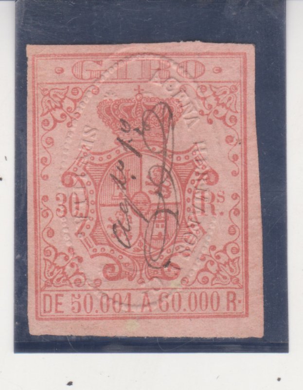 SPAIN 30 Rl., DE50 001 A 60.000 r. GIRO Revenue Stamp 1862 Business Tax. Used