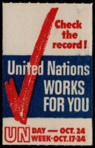 Vintage 1950-1960 US Poster Stamp Check the Record UN Week and UN Day