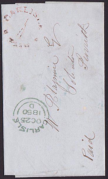 GB 1850 Folded entire CARLISLE / 1 / PAID in red to Penrith.................6423