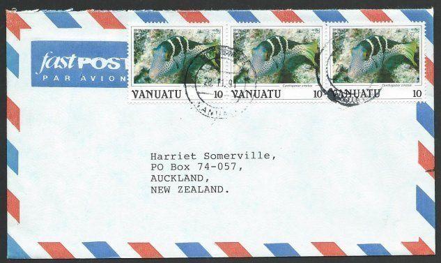 VANUATU 1991 airmail cver to NZ - fish franking, Port Vila cds.............51363