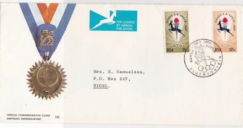 South Africa 1969 Olympic Torch Cancel Off. Comm. A/Mail Stamps Cover Ref 29306