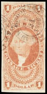 R74a, Superb Gem Passage Ticket Revenue Stamp Cat $350.00 - Stuart Katz