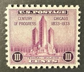 US# 729 Century of Progress Chicago Federal Building  3c 1933 Mint NH