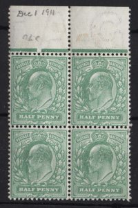 GB 1911 ½d pale bluish-green p14 sg270 unmounted mint block of 4 cat £340