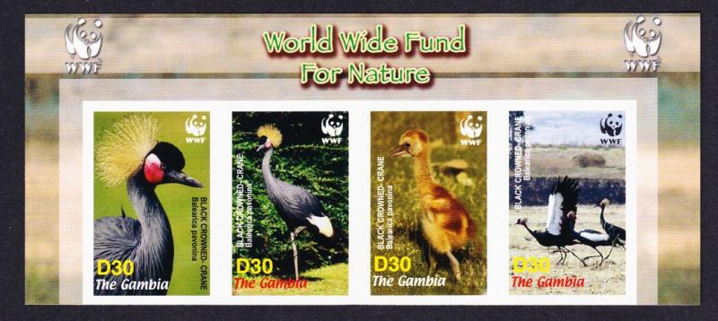 Gambia Birds WWF Black Crowned Crane Strip of 4v imperf WWF Logo SG#4920-4923