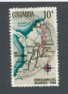 Colombia 1962 Scott 748 used - 10c, Railroads map