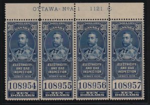 Canada VD #FEG11 (1930) $10 blue King George V Electricity Revenue Plate Block  