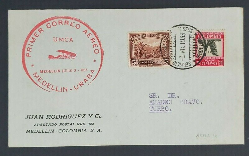 1933 Medellin to Bogota Colombia First Flight Advertising Air Mail Cover 