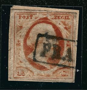  Netherlands 1852 #3 King William III Used 4 margin copy on piece VF CV$125