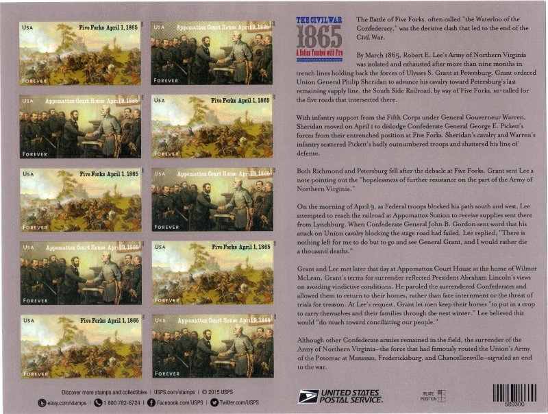 Scott #4981a (4980-4981) CIVIL WAR 1865 Forever Stamp Sheet of 12 Stamps - MNH