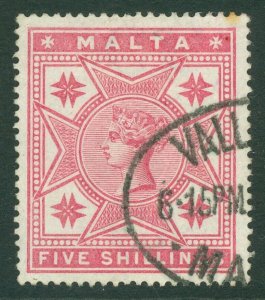 SG 30 Malta 1886. 5/- rose. Very fine used. Good colour & centring CAT £95