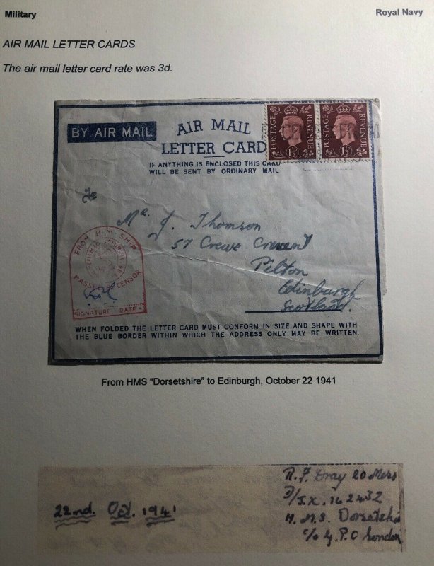 1941 HM Ship British Royal Navy Air Letter Censored Cover To Edinburgh Scotland