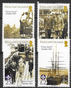 FALKLAND ISLANDS SG1078/81 2007 XFR OF DISCOVERY TO BOY SCOUTS ANNIV. SET MNH