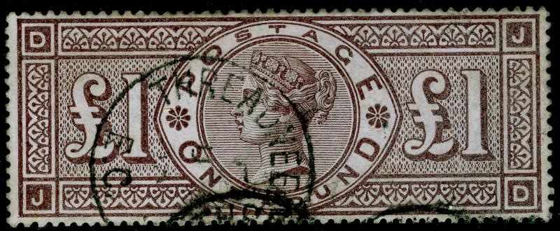 SG185, SCARCE £1 brown-lilac, FINE USED, CDS. Cat £2800. WMK CROWNS. JD