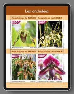 Niger 2021 Orchids, Tailed Brassia, Lady’s Slipper - 4 Stamp Sheet - NIG210104a