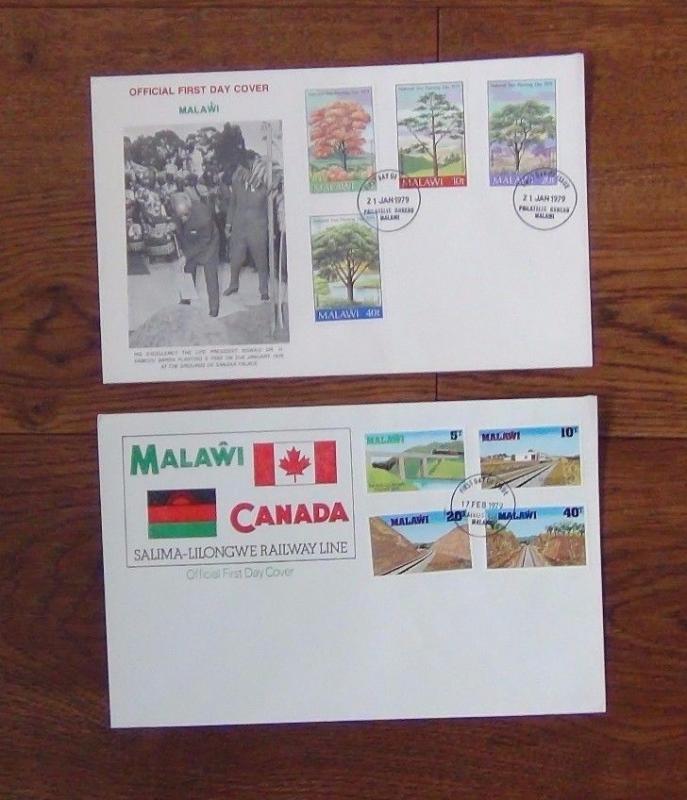 Malawi 10 FDC's 1977 1980 IYC Railway Trees Easter Xmas Rotary London 1980 etc