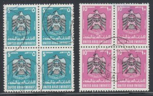 United Arab Emirates Sc 103-104 used 1977 Arms Blocks of 4, VF