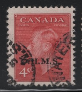 Canada 1950 used Sc O15 4c KGVI Postes-Postage O.H.M.S. overprint 2