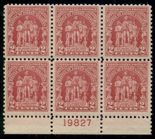 US #680, 2¢ Gen. Wayne, Plate No. Block of 6, og, NH, VF, Scott $32.50