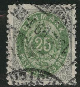 DENMARK  Scott 32 used 1875 stamp CV$40, blunt perfs 